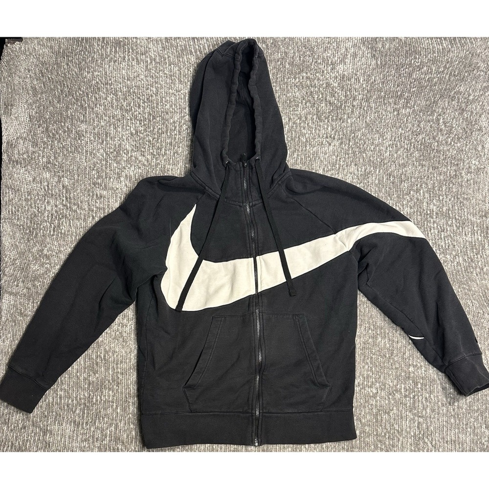 Nike Hoodie Mens L Black White Big Swoosh Full Zip Sweatshirt BQ6458